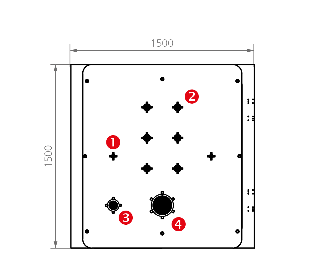 Technische Zeichnung Kammerrückseite VC M1200² Rückansicht der Vakuumkammer VC M1200² mit ca. Maßen