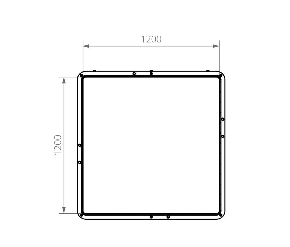 Technische Zeichnung Kammerprofil VC M1200² Innenansicht der Vakuumkammer VC M1200² mit ca. Maßen