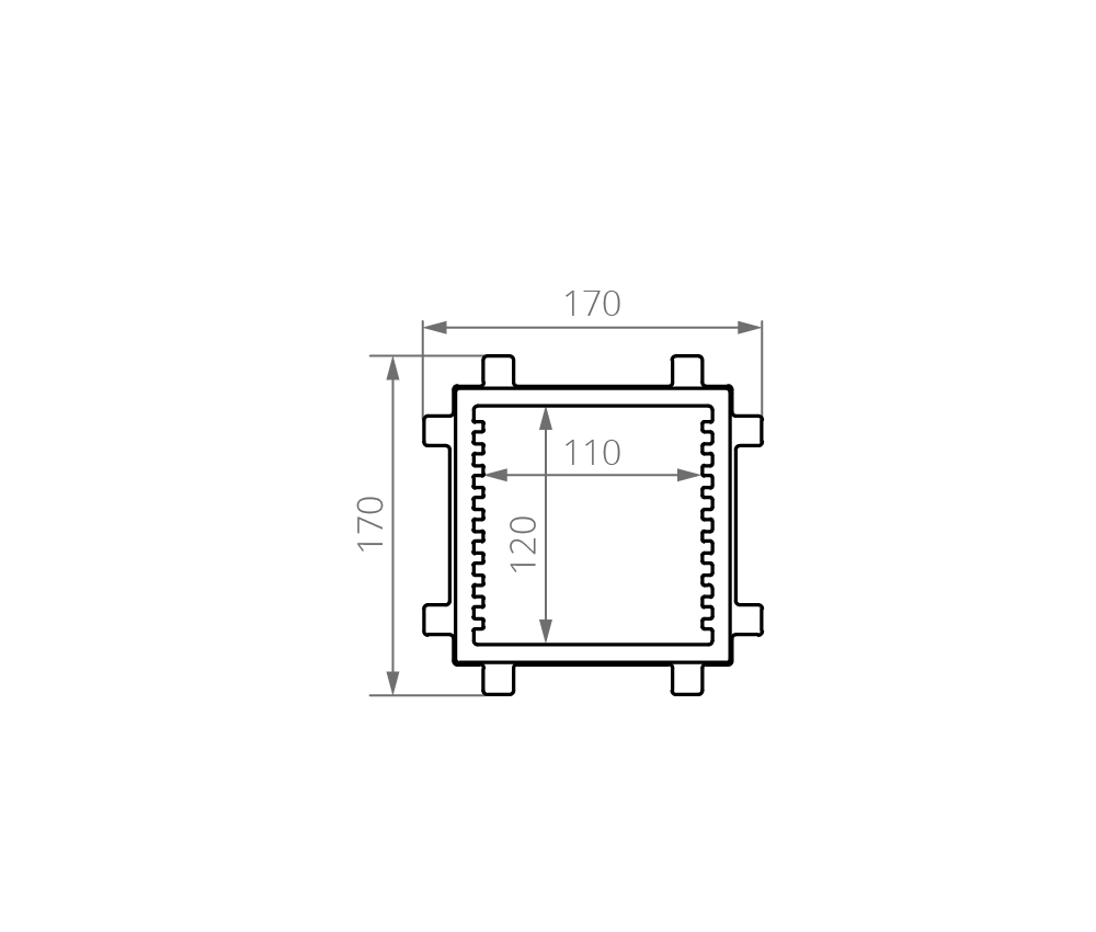 Technische Zeichnung Kammerprofil VC P110x120 Innenansicht der Vakuumkammer VC P110x120 mit ca. Maßen
