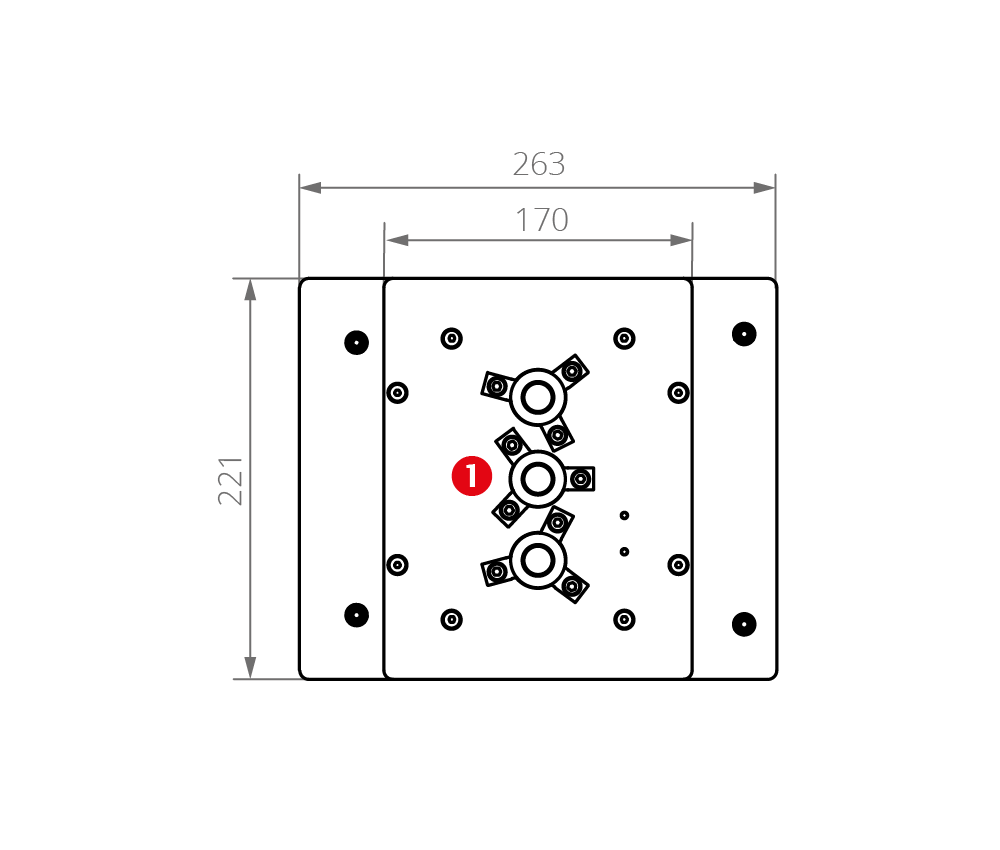 Technische Zeichnung Kammerrückseite VC P110x120 Rückansicht der Vakuumkammer VC P110x120 mit ca. Maßen