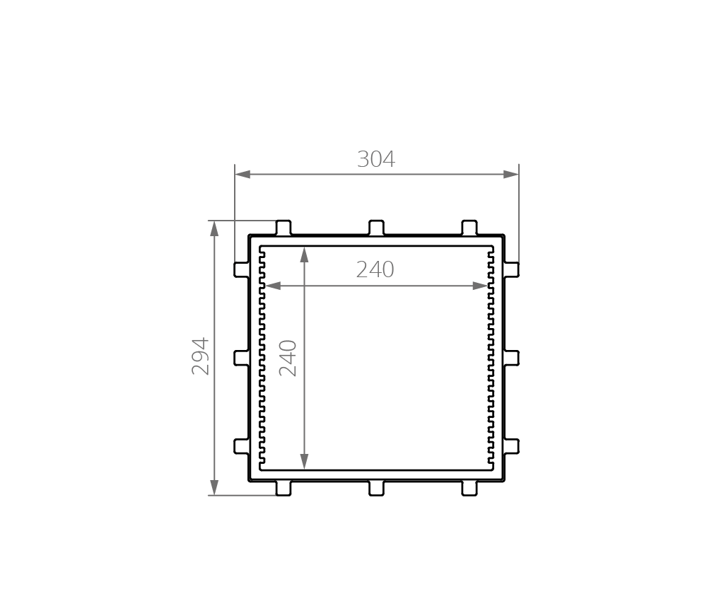 Technische Zeichnung Kammerprofil VC P240X240 Innenansicht der Vakuumkammer VC P240X240 mit ca. Maßen