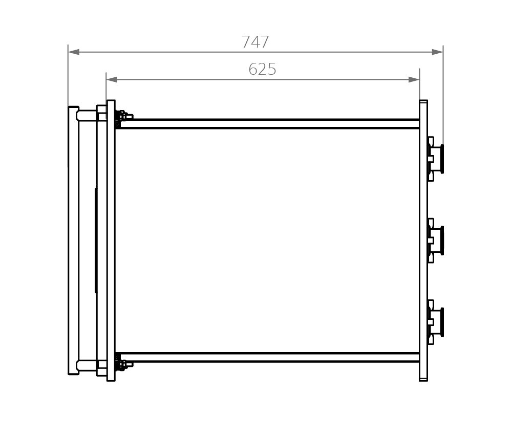 Technische Zeichnung Kammerseitlich VC P400X400 Seitenansicht der Vakuumkammer VC P400X400 mit ca. Maßen