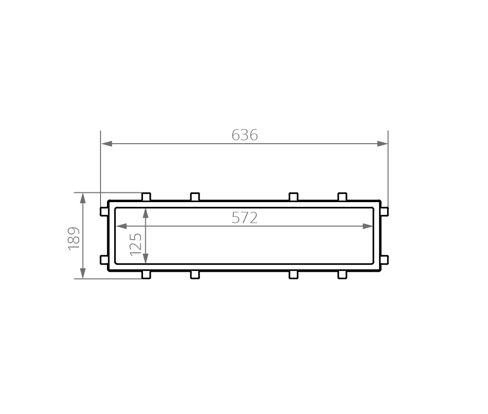Technische Zeichnung Kammerprofil VC P572X125 Innenansicht der Vakuumkammer VC P572X125 mit ca. Maßen